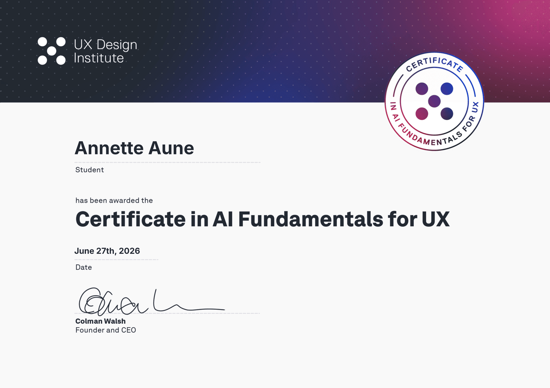Certificate fra UX Design Institute for grunnleggende bruk av AI i UX-design